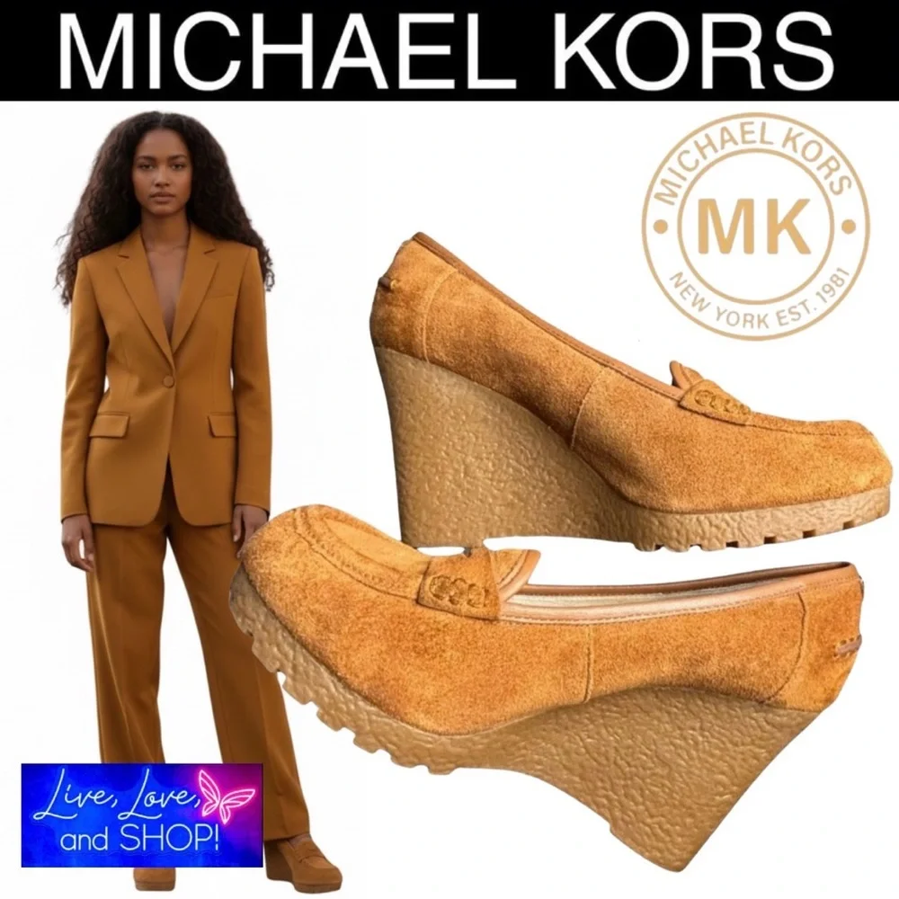 Michael MICHAEL KORS Rory Suede Penny Loafer Wedges, EUC